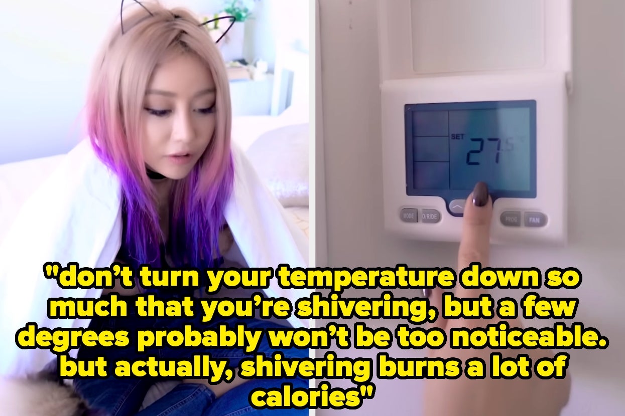 YouTuber Wengie sitting in a blanket and adjusting her thermostat. Text: "don’t turn your temperature down so much that you’re shivering, but a few degrees probably won’t be too noticeable. but actually, shivering burns a lot of calories"