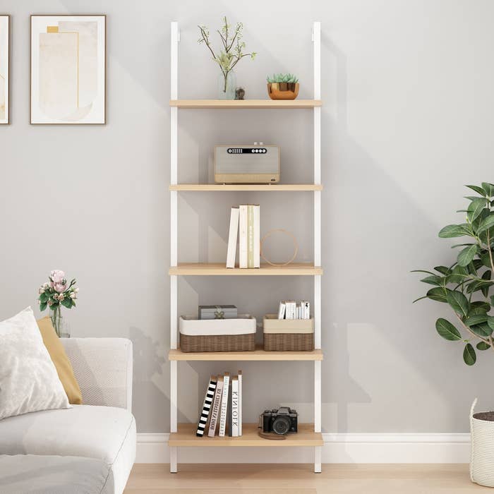 Living country with a tall, minimalist bookshelf holding books, plants, and decor items, adjacent to a sofa and a potted plant
