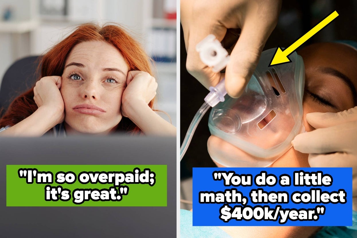 Left image: Person looking bored, text reads "I'm so overpaid; it's great." Right image: Person with oxygen mask, text reads "You do a little math, then collect $400k/year."