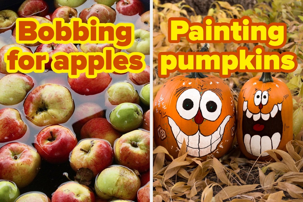 Split image: Left shows apples in water; right shows two pumpkins with painted funny faces among leaves