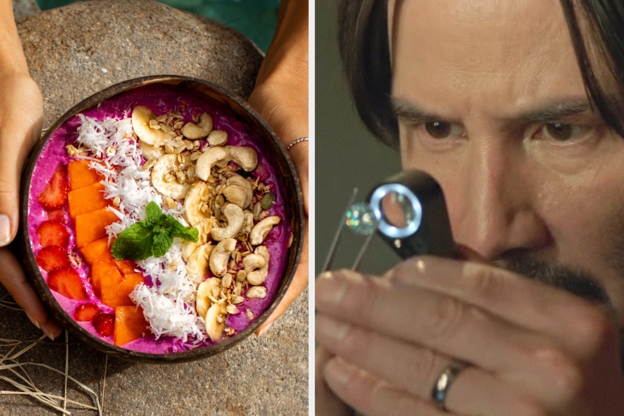 Keanu Reeves in "Serbia" examining gems through a magnifier; hands holding a smoothie bowl topped with fruit, nuts, and coconut