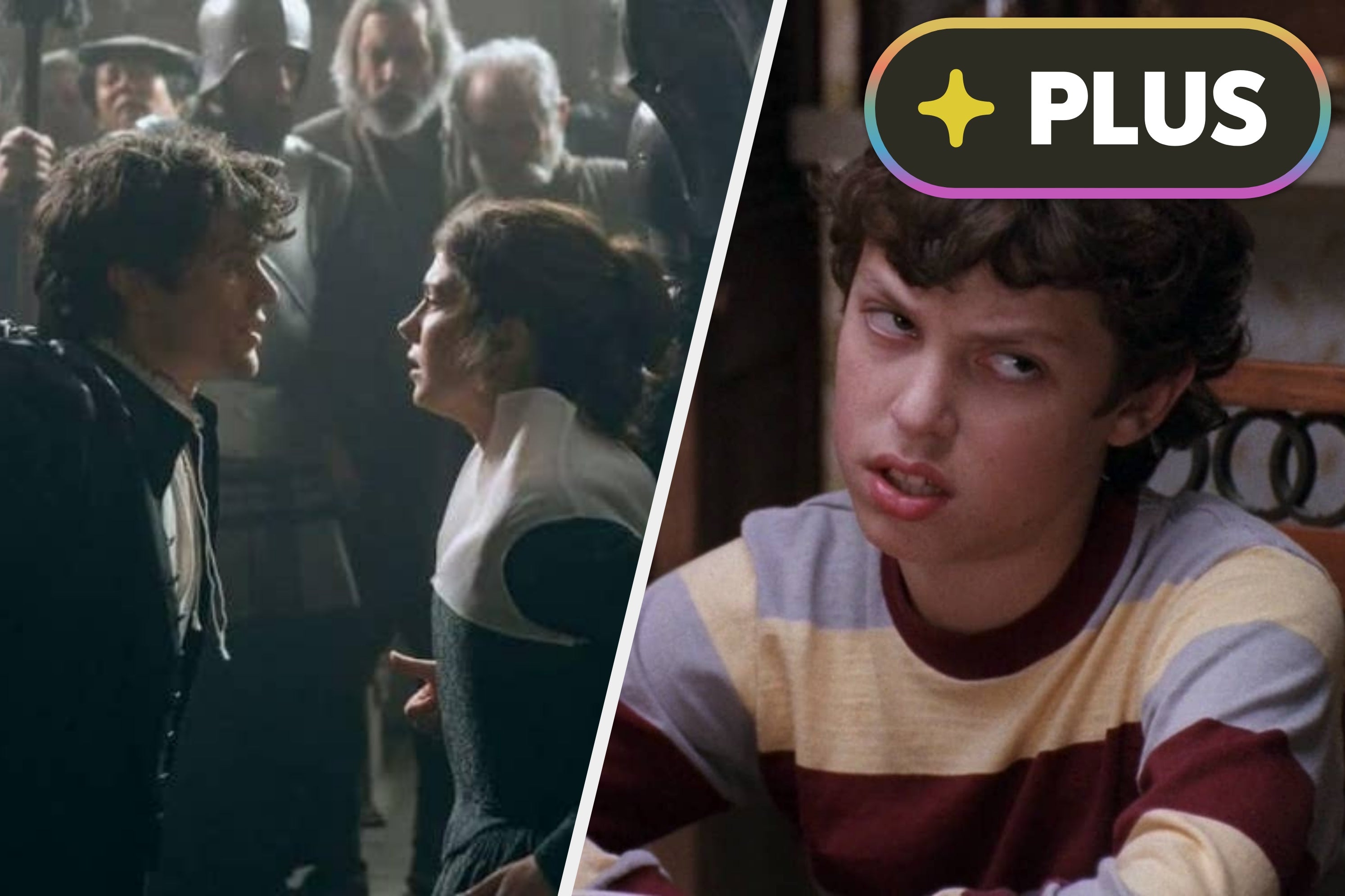 Two side-by-side images: Left shows two actors in a dramatic confrontation, right shows a person making a skeptical expression