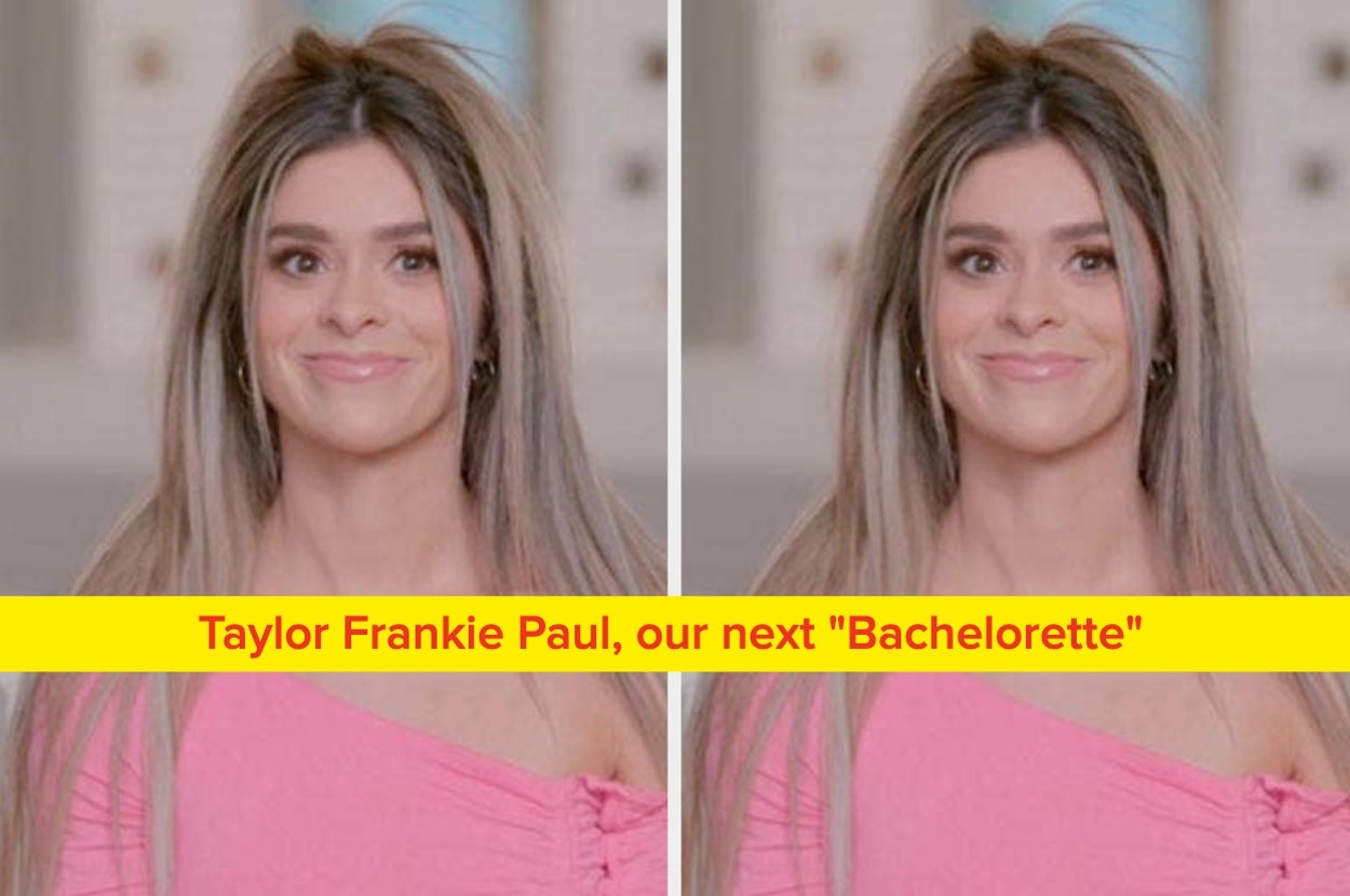 Woman with long hair smiles in pink top; text: "Taylor Frankie Paul, our next 'Bachelorette'."
