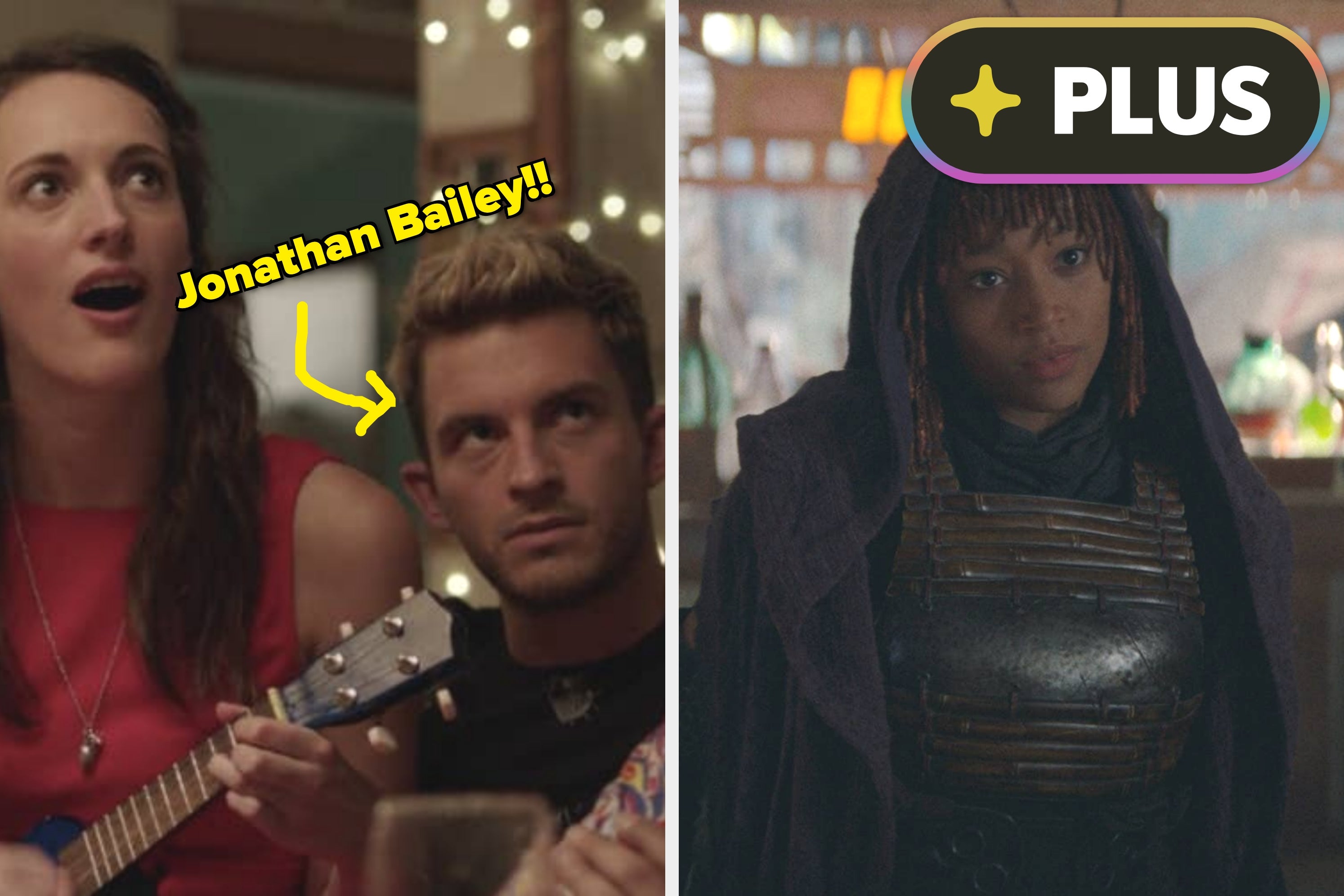 On the left, a woman plays a ukulele with a surprised expression; a man looks on. On the right, a person in a sci-fi costume with a hood and armor