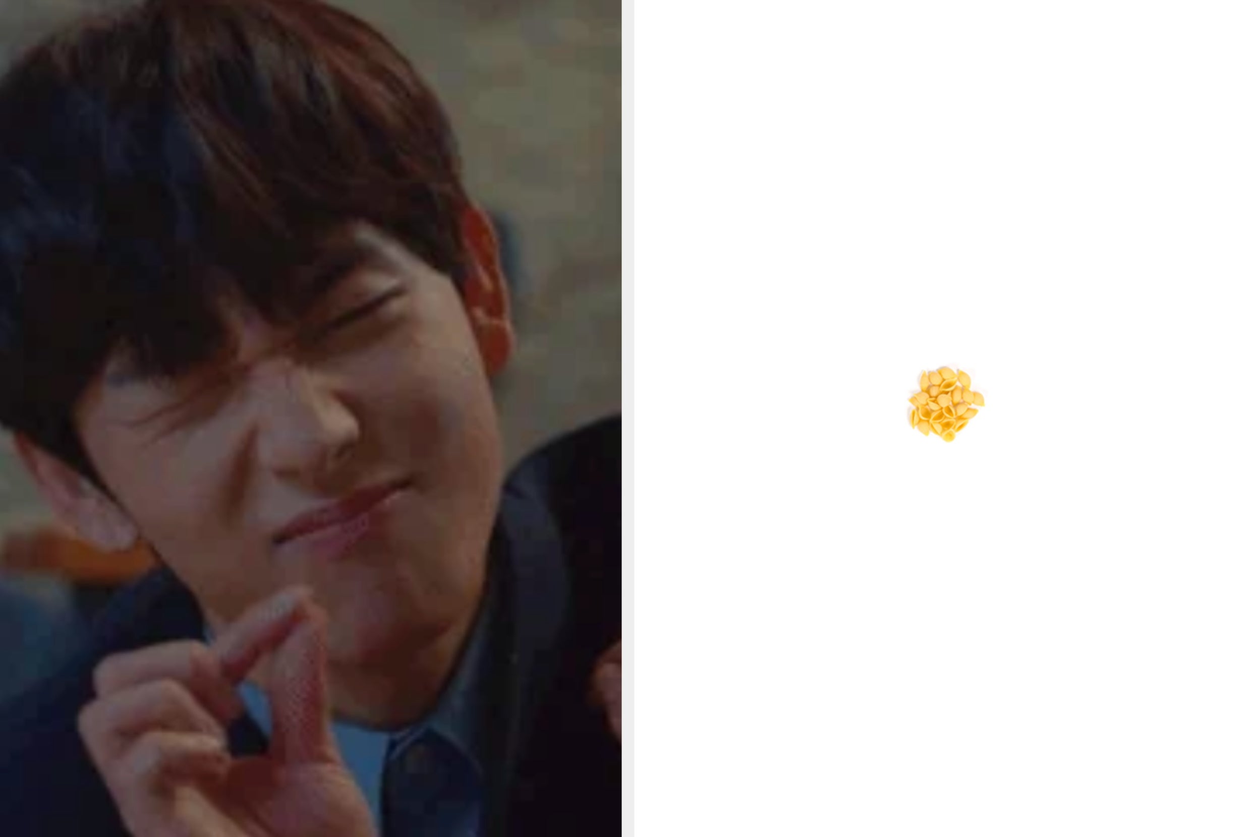 Person making a playful, squinting face with pinched fingers on the left; small yellow floral shape on the right