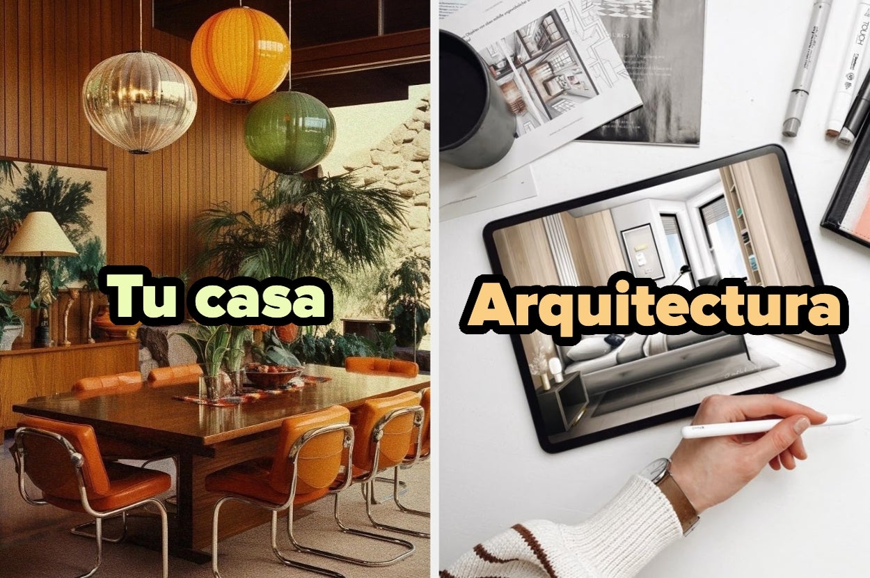 Split image: Left side shows a retro-style dining room; right side displays a hand drawing interior design on a tablet labeled "Arquitectura."