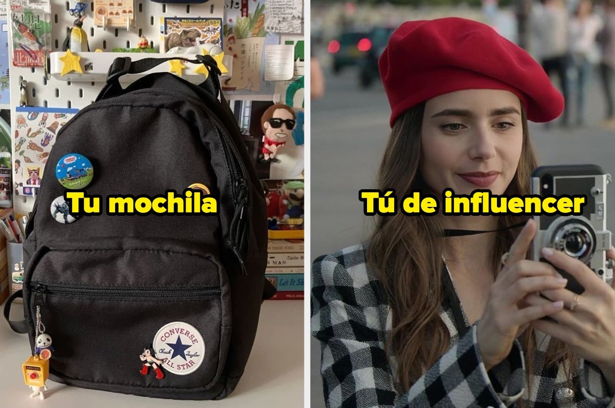 Comparación entre una mochila adornada con pines y una influencer con boina roja posando frente a una cámara. Texto humorístico en cada imagen