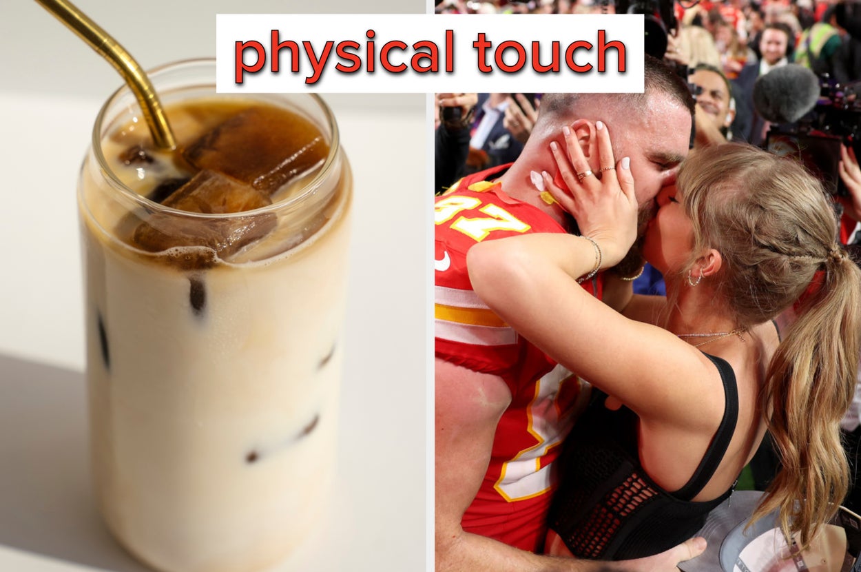 A person in a black dress kisses an athlete in a sports uniform amid a crowd. Iced coffee is shown beside them with the words "physical touch" above