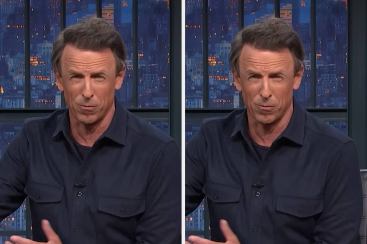 A person on a talk show set, wearing a dark collared shirt, making different expressions in two side-by-side images