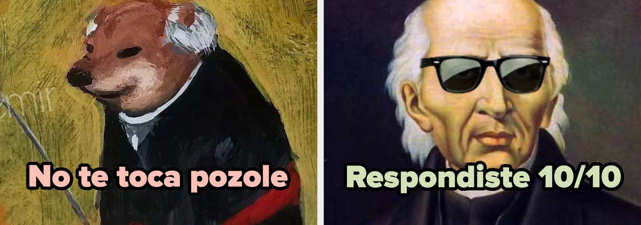 Left: Person in a bear costume with "No te toca pozole" text. Right: Historical figure in sunglasses with "Respondiste 10/10" text