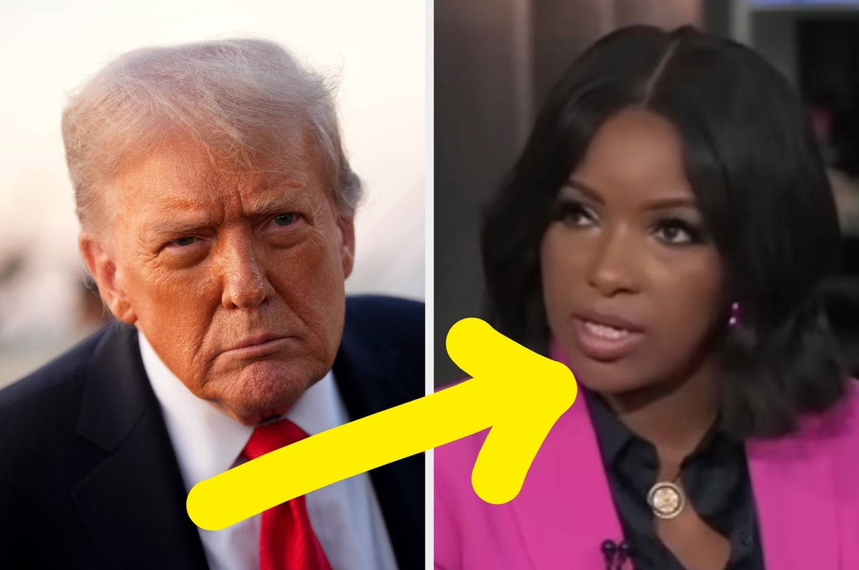 Split image: Left shows a man in a suit and tie with a serious expression; right shows a woman in a pink blazer speaking during an interview