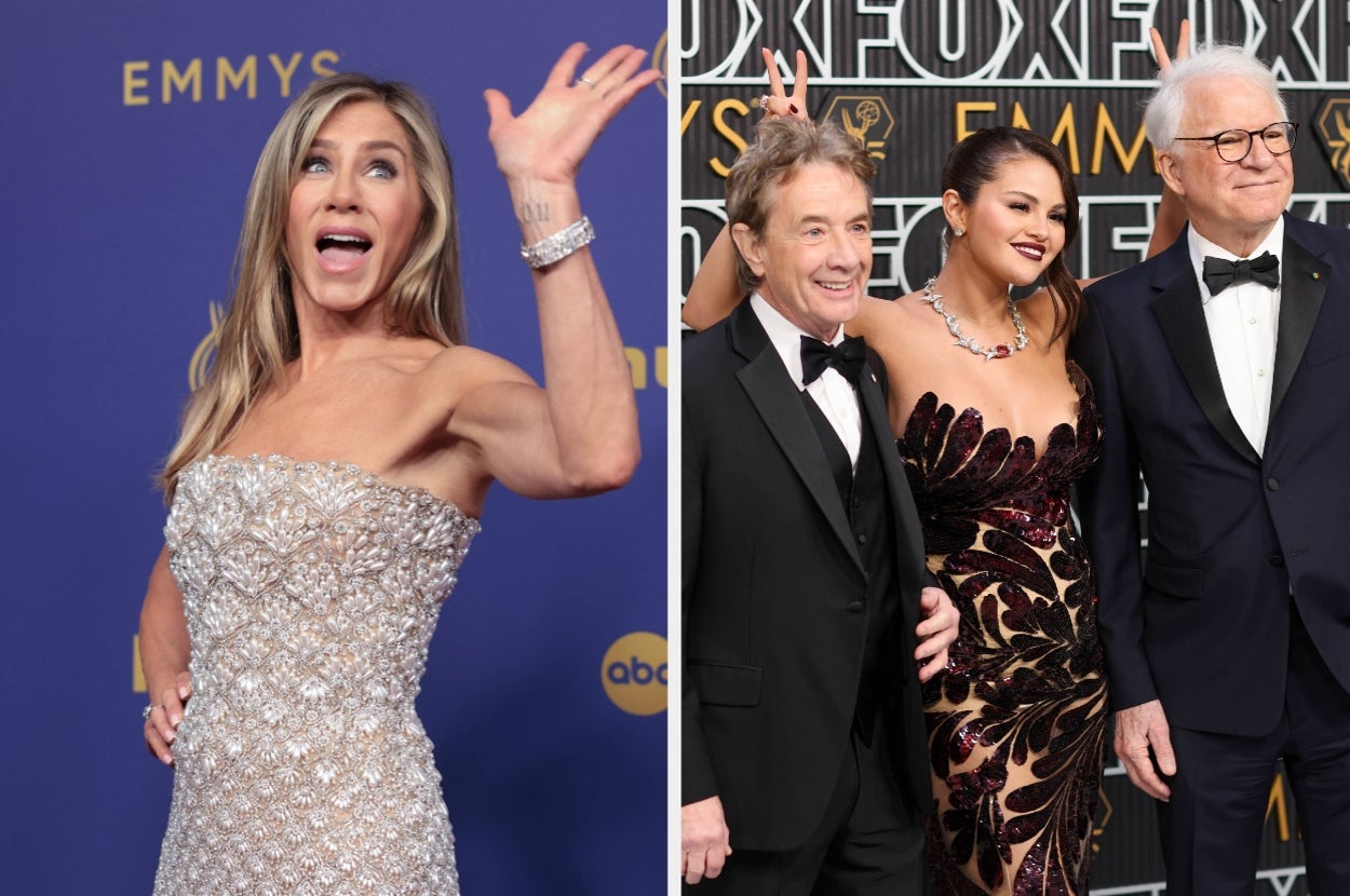 Two images: Left, unidentified woman in embellished strapless gown waving. Right, three unidentified people in formal wear smiling on a red carpet