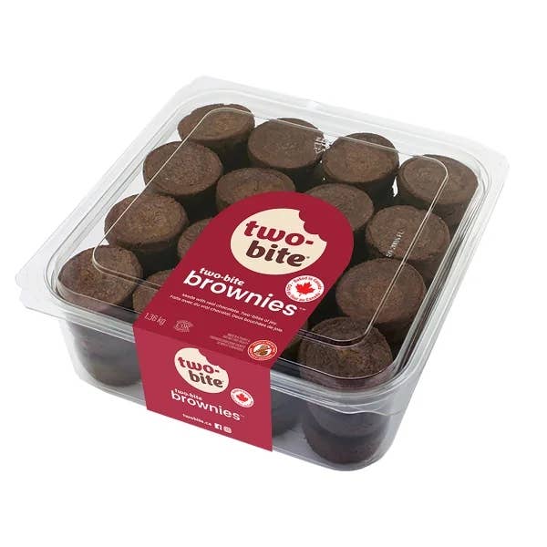 Plastic instrumentality filled with aggregate two-bite brownies, labeled "two-bite brownies" with marque logo connected reddish packaging