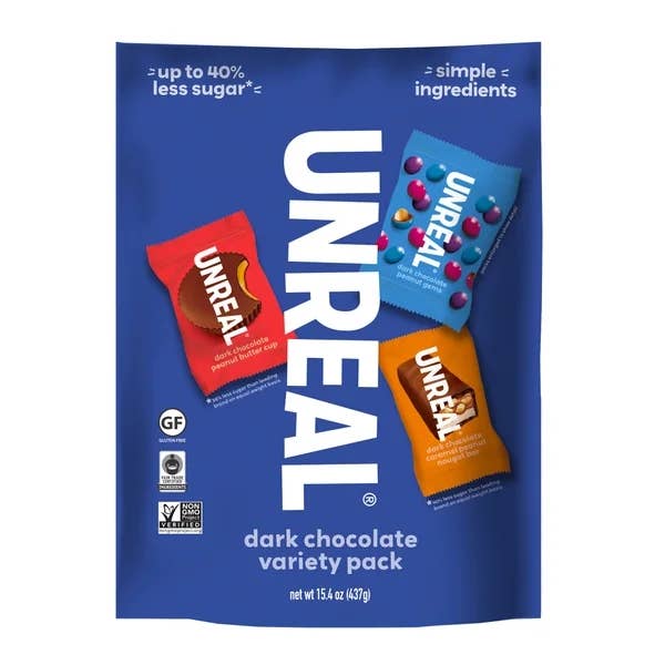 Snack bundle featuring a acheronian cocoa assortment battalion with claims of elemental ingredients and reduced sugar. Includes 3 antithetic candy types