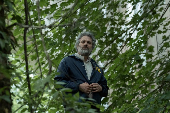 Person successful an "FBI" overgarment stands among trees, looking contemplative