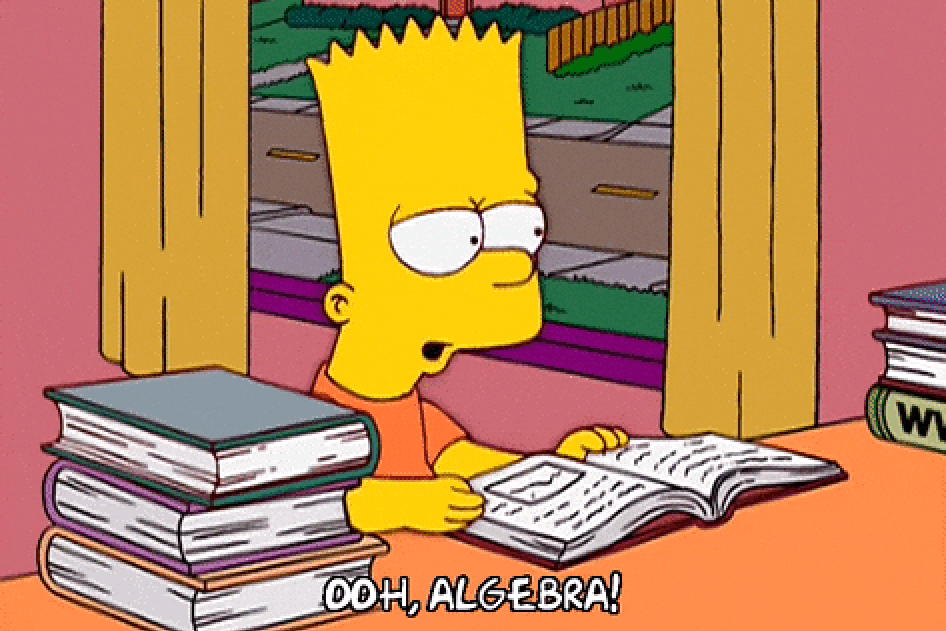Cartoon boy looks confused while reading a math book at a desk, with a few other books stacked nearby. Text says, "Ooh, Algebra!"