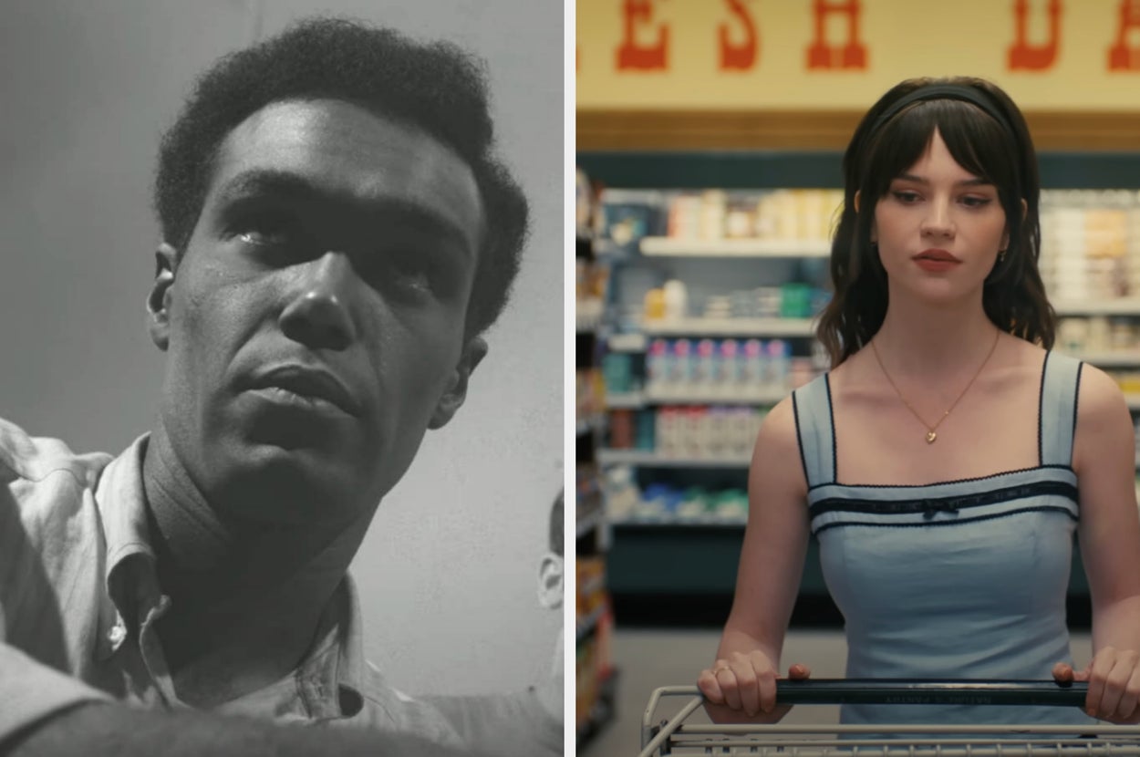 Split image from a movie or TV show. Left: Person with a thoughtful expression indoors. Right: Person in a store pushing a shopping cart