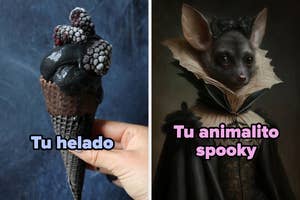 Left: Black ice cream cone with berries labeled "Tu helado." Right: Artistic bat in Victorian attire labeled "Tu animalito spooky."