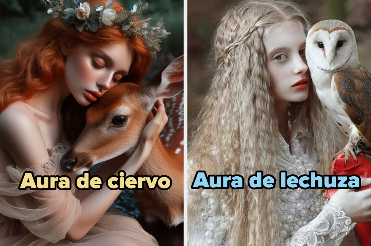 Mujer acariciando un ciervo con corona de flores; otra mujer con lechuza en el brazo, ambas con estilo de fantasía. Texto: "Aura de ciervo" y "Aura de lechuza"