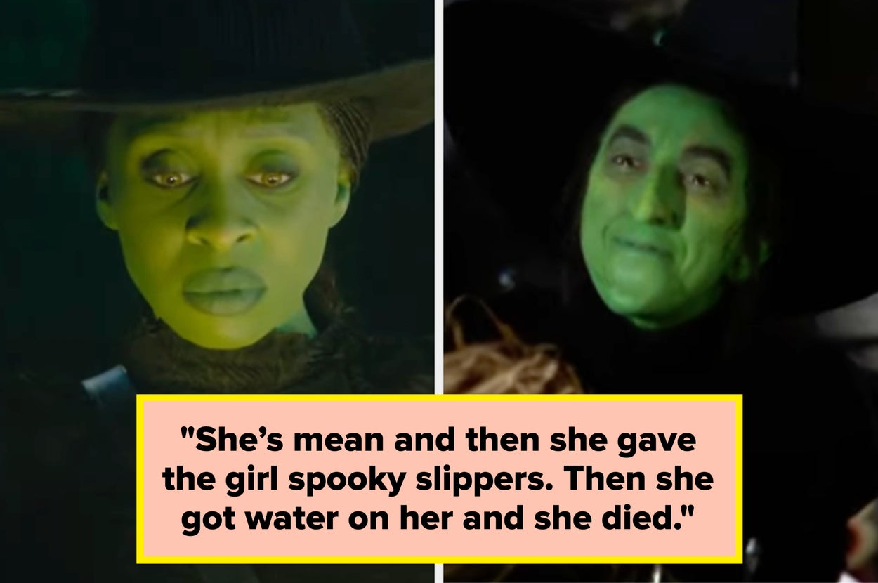 Two photos of actors playing witches, one in a dark hat, both with vivid green makeup, with a quote about a mean witch and slippers