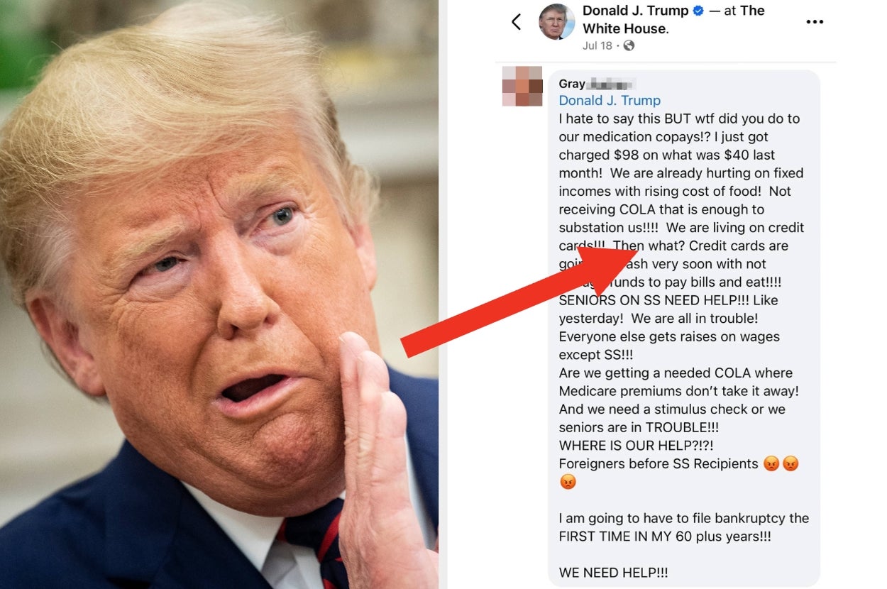 Person with a surprised expression next to a Facebook post expressing concern about rising medication costs and financial hardship during a presidency