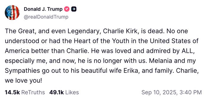 Social media post incorrectly announcing the death of Charlie Kirk with condolences to Erika and family