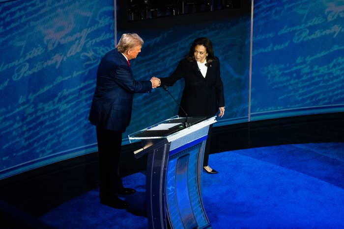 Donald Trump and Kamala Harris shingle hands connected the statement stage