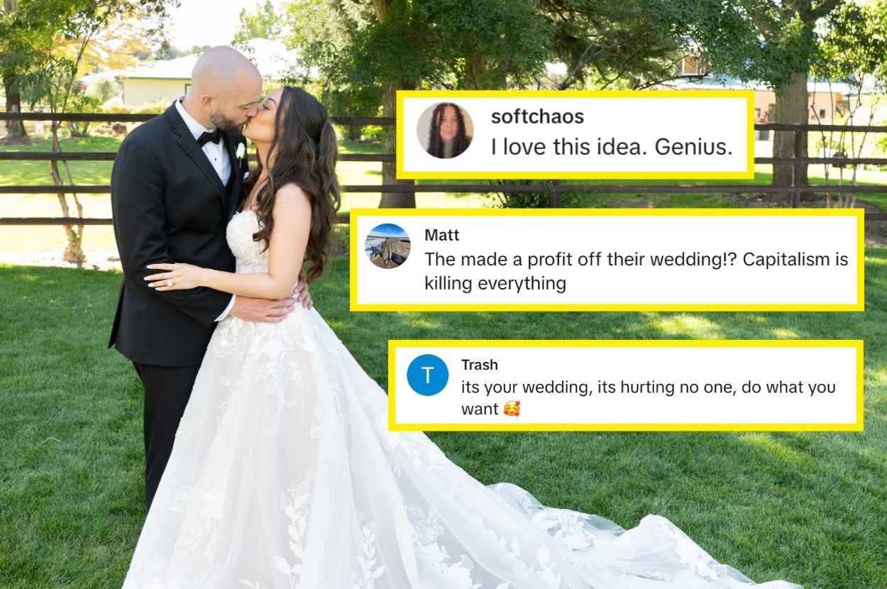 A couple kisses at an outdoor wedding. Comments on screen: positive, critical of capitalism, and supportive of doing what makes them happy