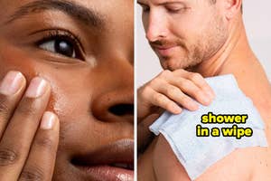 Woman using a travel deodorant wipe on her arm; another holding wipes with text: "it's like a shower on the go!" Great for quick freshness