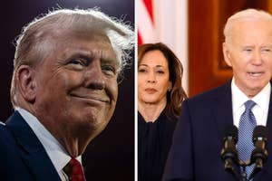 Donald Trump smiles vs Kamala Harris stands behind Joe Biden as he speaks at a podium