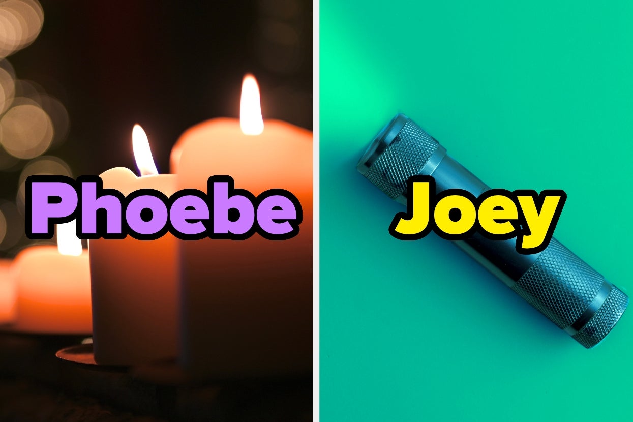 The image splits in half: candles labeled "Phoebe" on the left, and a flashlight labeled "Joey" on the right