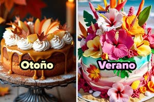 Un pastel decorado con hojas y manzanas dice "Otoño"; otro con flores tropicales dice "Verano"