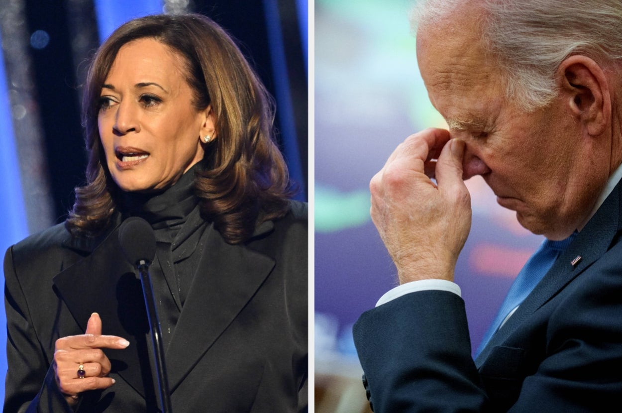 Kamala Harris speaks at an event in formal wear vs Joe Biden seemingly in deep thought, holding his nose bridge