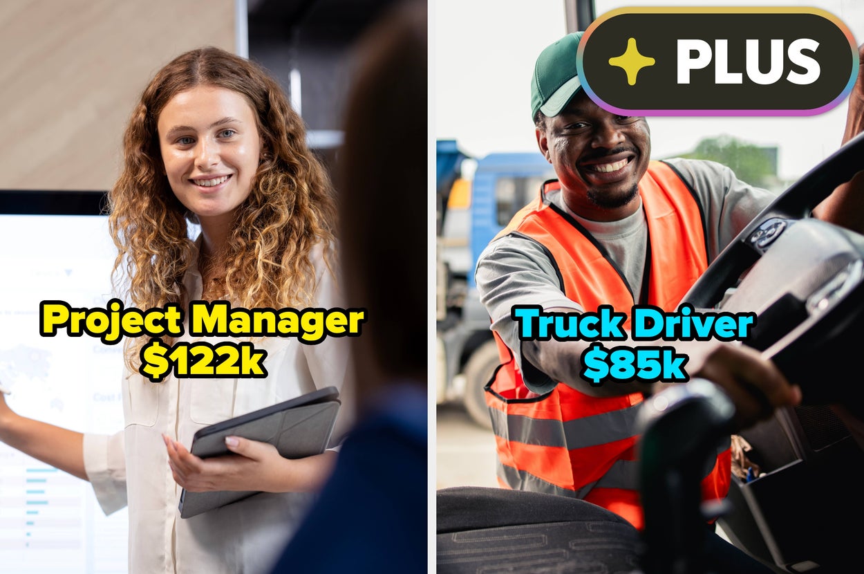 Smiling project manager with tablet earns $122k; happy truck driver earns $85k, showcasing salary comparisons in different professions