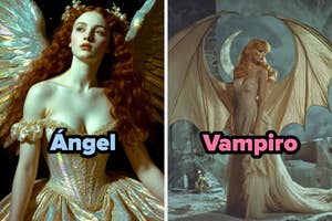 Two models dressed as fantasy characters: left as an angel with golden wings, right as a vampire with bat-like wings and a flowing dress