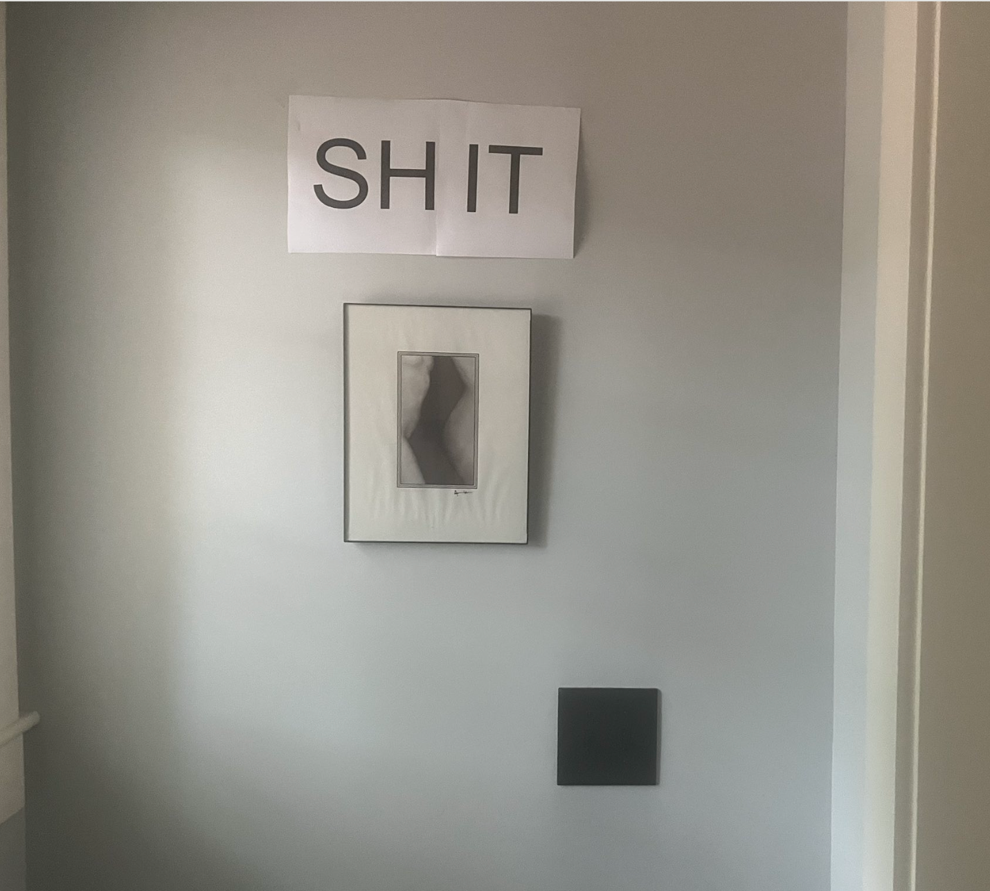 A partition  with a framed abstract representation  and a insubstantial  supra  it displaying the connection     "SHIT" successful  large, bold letters