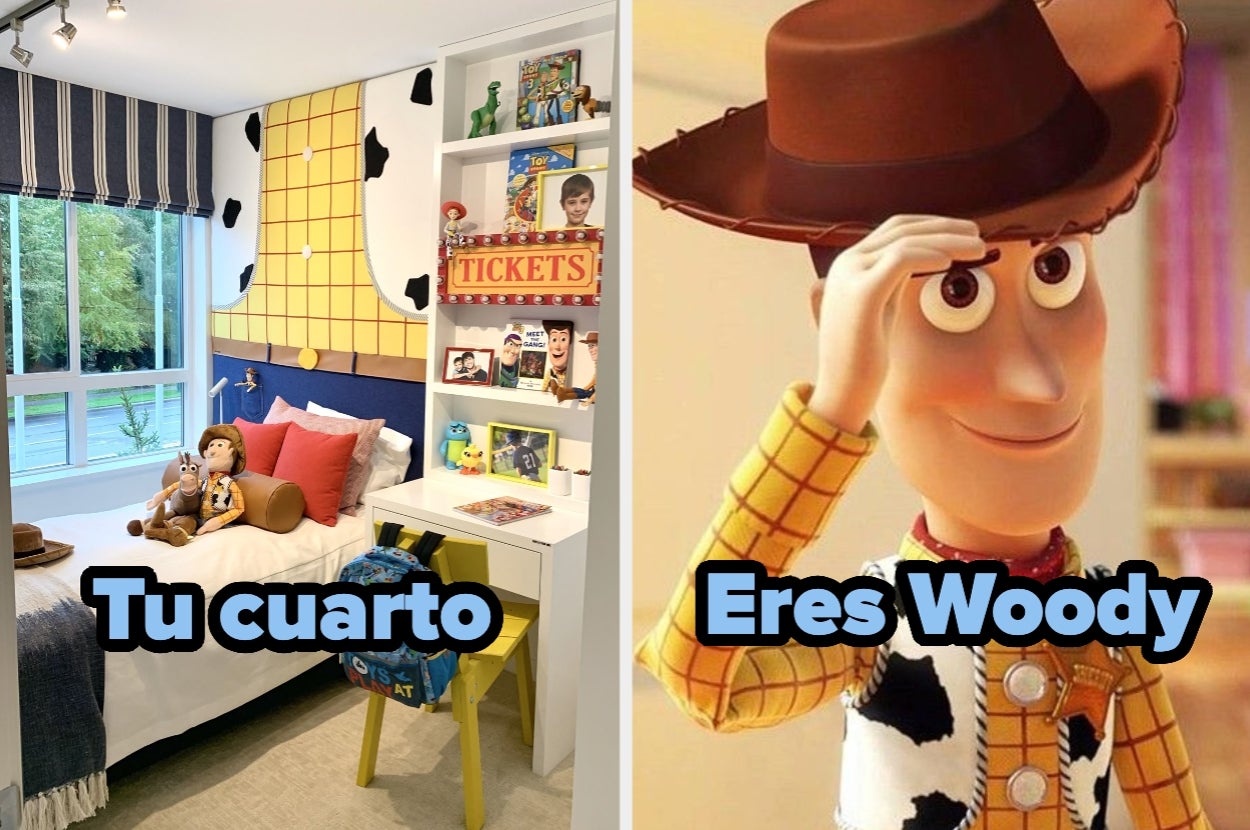 Habitación infantil de tema vaquero junto al personaje Woody de "Toy Story" tocando su sombrero, con el texto: "Tu cuarto" y "Eres Woody"