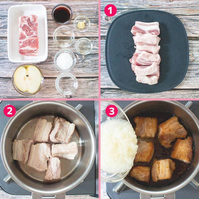 豚肉の角煮の調理手順:1.材料準備、2.肉を鍋で調理、3.大根おろしを加えてさらに煮込む。