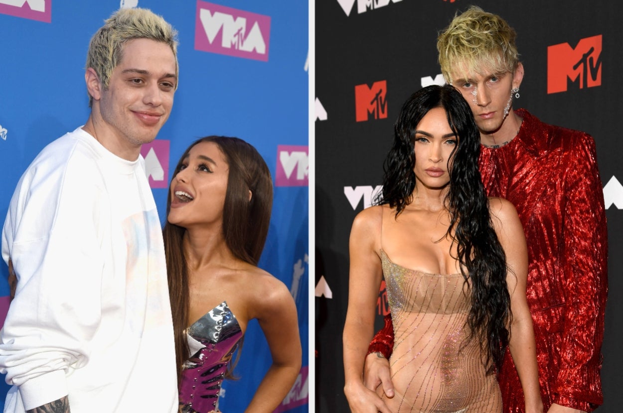 Split image of Pete Davidson, Ariana Grande, Megan Fox, and Machine Gun Kelly.