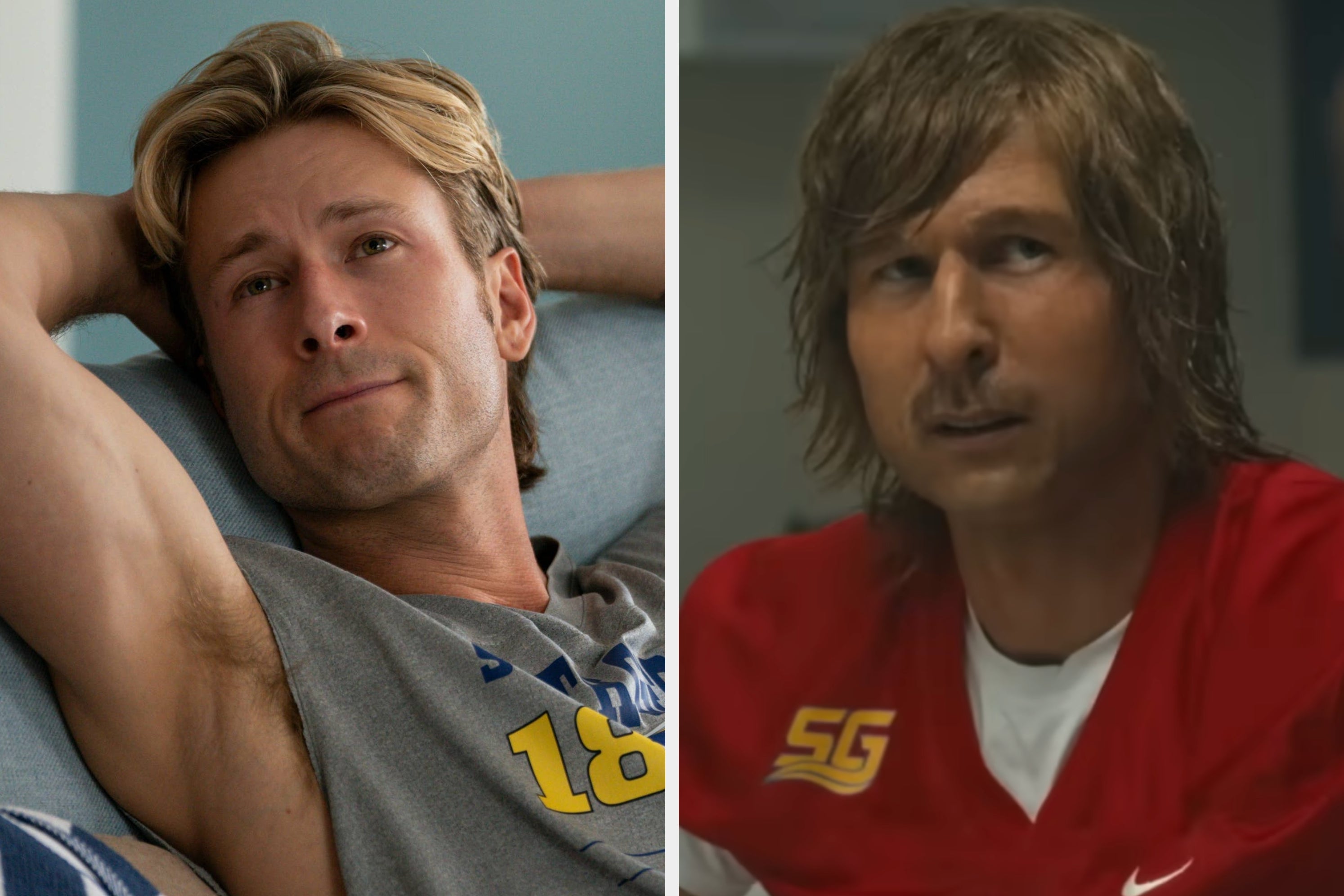 Split image of Glen Powell in "Chad Powers."