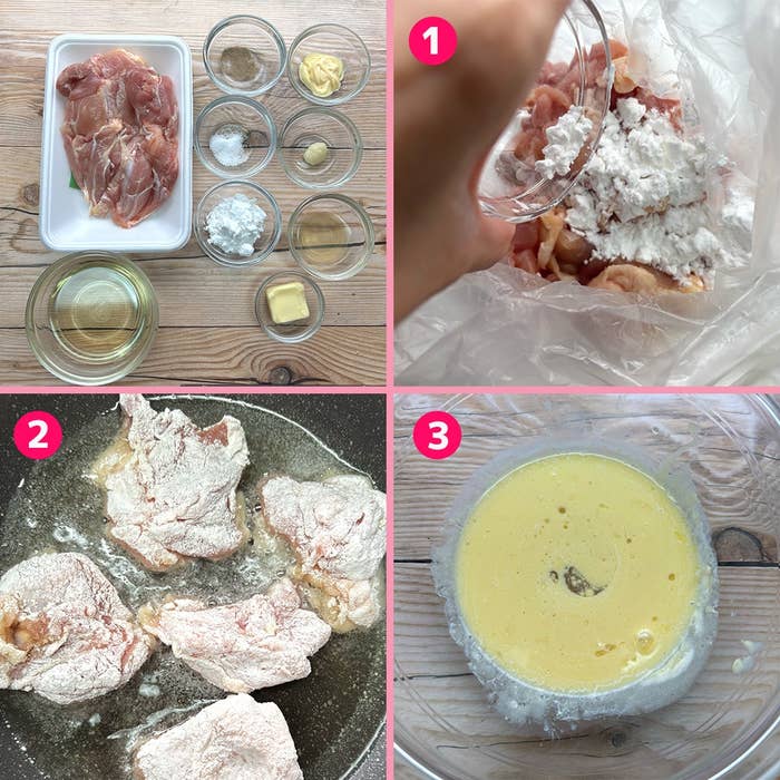 チキンの調理ステップ。1: 材料準備。2: 鶏肉を粉にまぶす。3: 鶏肉の液体混合物。