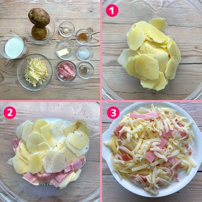4つのステップでポテト、ベーコン、チーズの調理。食材が段階的に盛り付けられる様子を示す。