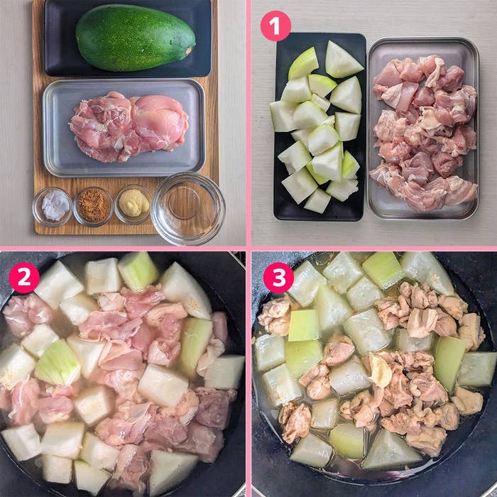 冬瓜、鶏肉、を使った料理の調理工程。1から3のステップで素材を鍋で調理。