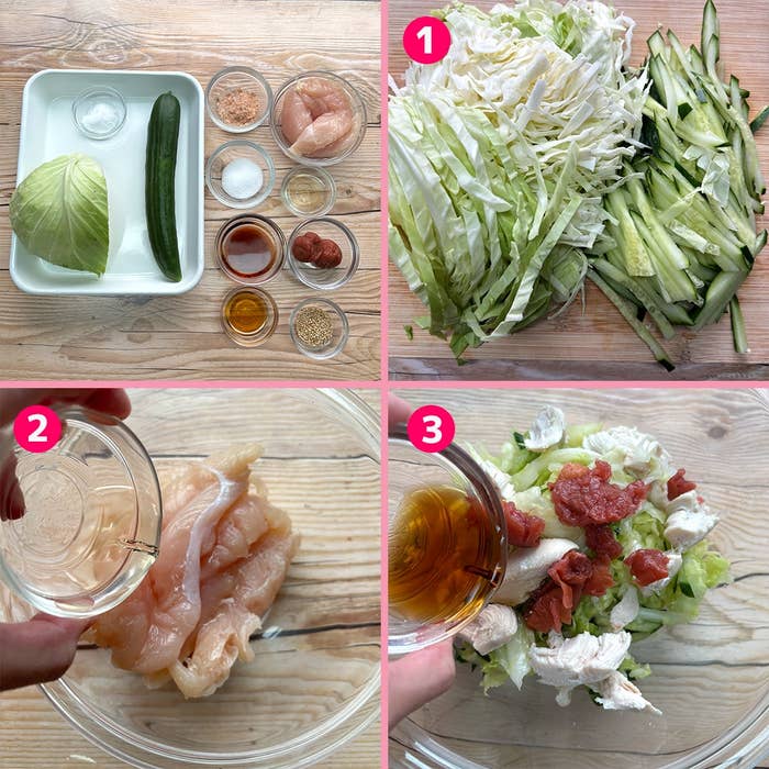 4つの画像があり、キャベツ、きゅうり、鶏肉、調味料を使った簡単なサラダのレシピが示されている。