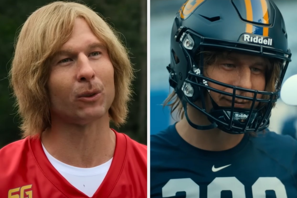 Split image of Glen Powell as Chad Powers.