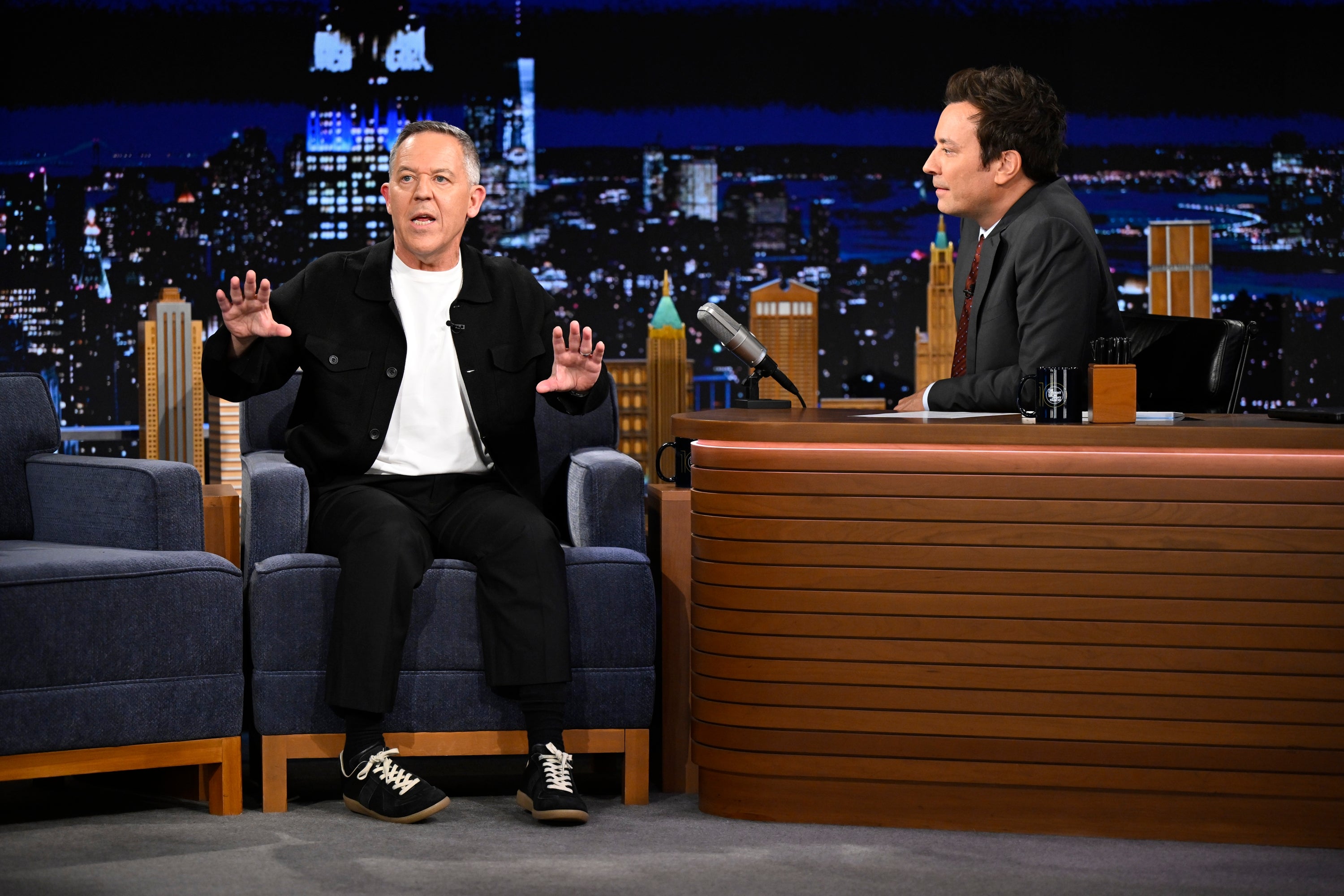 Greg Gutfeld speaking on Jimmy Fallon's talk show