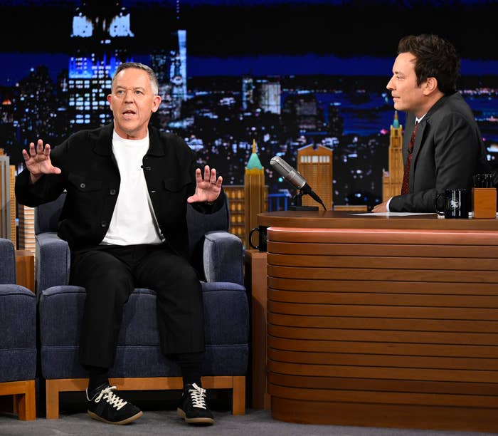 Greg Gutfeld speaking on Jimmy Fallon's talk show