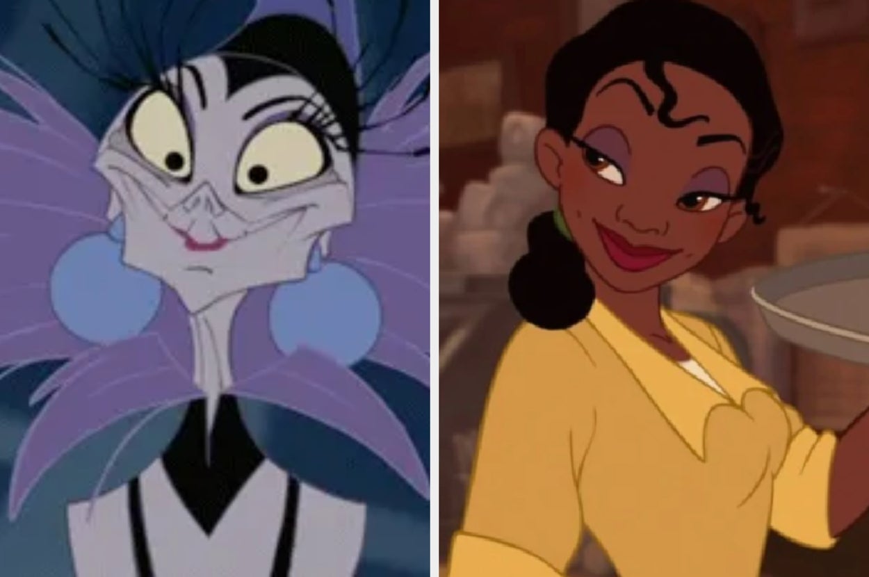 Two animated characters: a woman with a dramatic outfit and collar, and another woman smiling while holding a pan