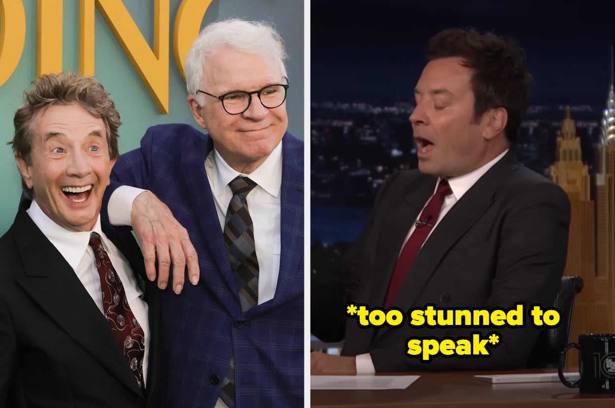 Left: Martin Short and Steve Martin on a red carpet. Right: Jimmy Fallon appearing surprised during a talk show segment. Text reads: "*too stunned to speak*"