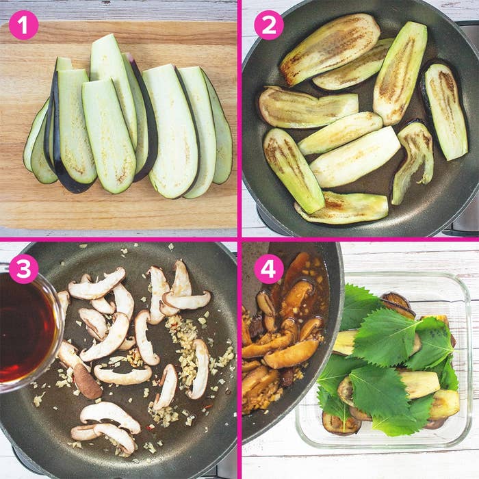 1. ナスのスライス。2. フライパンで焼いたナス。3. フライパンでシイタケとニンニク炒め。4. 調理済みナスとシイタケの盛り付け。